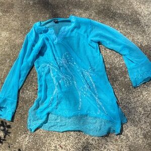 Turquoise Palm-Embroidered Women's Swim Coverup Tunic